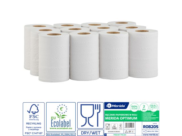 Ręczniki papierowe w roli MERIDA OPTIMUM MINI, białe, średnica 13,5 cm, długość 60 m, dwuwarstwowe, zgrzewka 12 szt., ECOLABEL